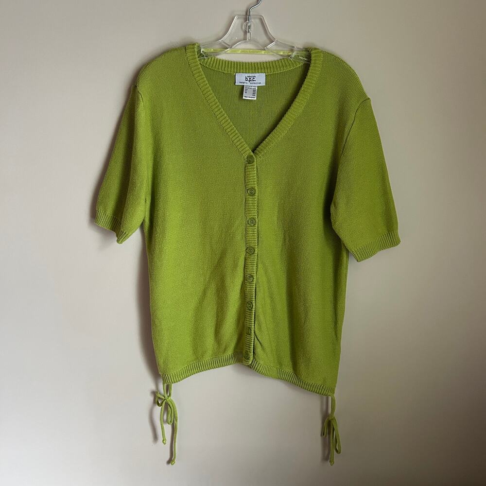 ✨ Bonprix Chartreuse Neon Green V-Neck Short Sleeve Button Down Sweater Sz Large